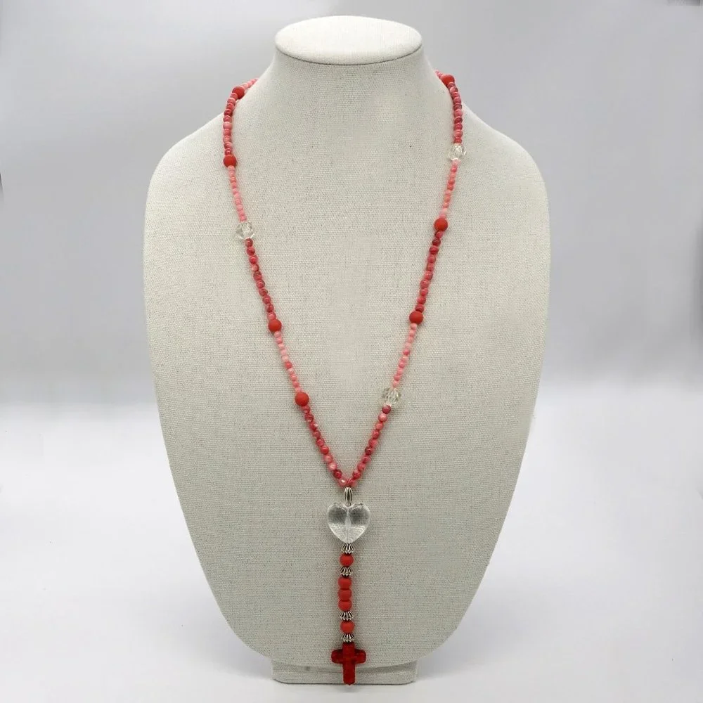 Necklace with Coral beads, Silver Accents and Stone Cross. - Picture 1 of 3